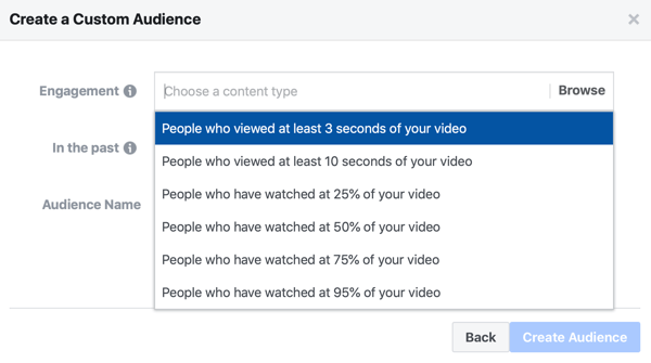 Možnost ustvarjanja občinstva po meri oglasov na Facebooku za ljudi, ki so si ogledali del vašega videoposnetka.