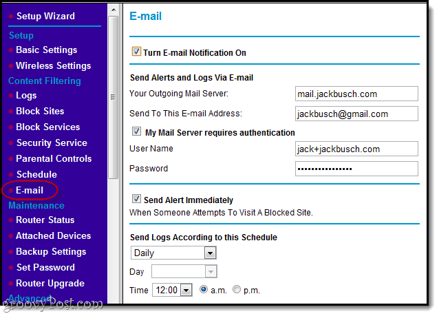 opozorila po e-pošti za blok spletna mesta v mreži