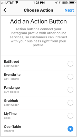 Instagram Dodajte zaslon gumba za storitve tretjih oseb