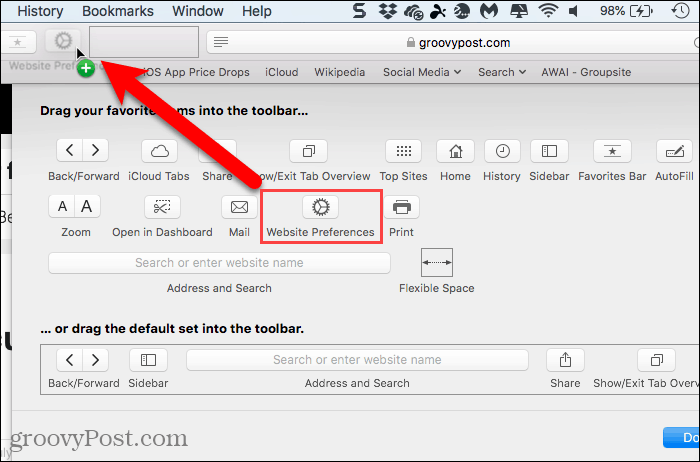 V orodni vrstici v Safariju za Mac dodajte gumb Nastavitve spletnega mesta