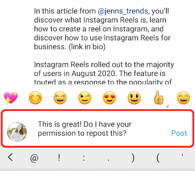 instagram post primer komentar odziv kompliment in prošnja za dovoljenje za ponovno objavo vsebine