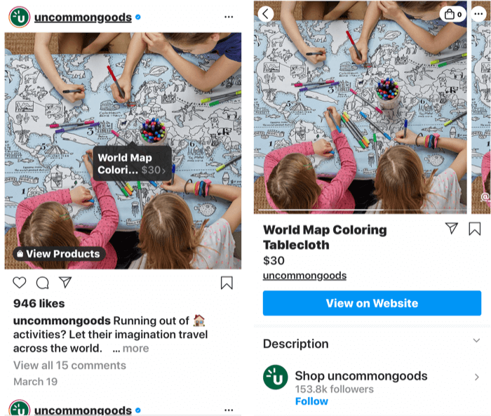 posnetki zaslona, ​​ki prikazujejo instagramovo oznako, dodano objavi izdelka, ki jo je mogoče kupiti, in stran izdelka, ko je izbrana oznaka objave