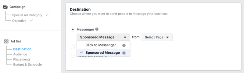Možnost sponzoriranega sporočila Facebook v upravitelju oglasov Facebook