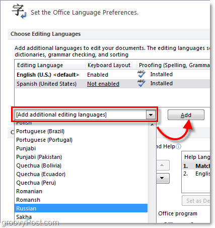 dodajte dodatne jezike v pisarni 2010