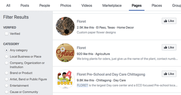 Rezultati strani na Facebooku za Floret.