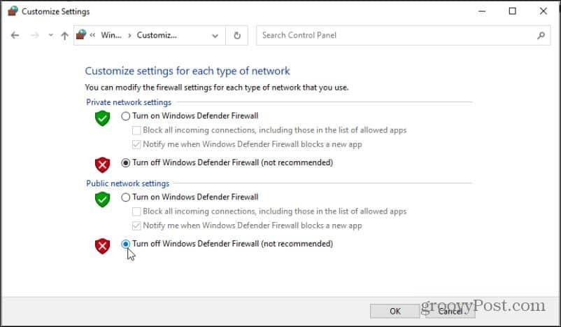 onemogočanje programa Windows Defender
