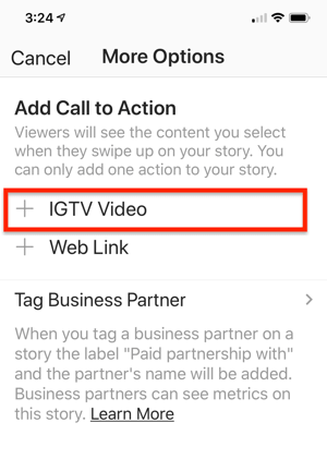 Možnost izbire video povezave IGTV, ki jo želite dodati v svojo zgodbo v Instagramu.