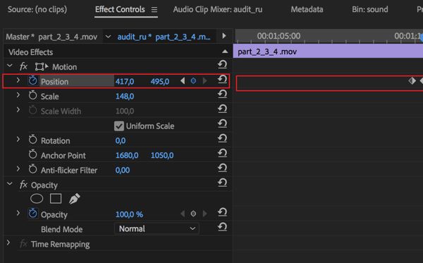 Nastavitev za prilagajanje sredinskega položaja za vsak okvir v vašem zaporedju v programu Adobe Premier Pro.