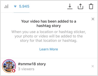 Instagram vam pošlje obvestilo, če je vaša vsebina dodana zgodbi hashtag.
