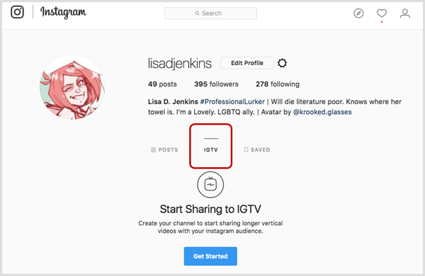 Zavihek IGTV na Instagram profilu.