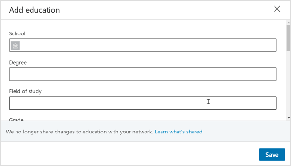 Pogovorno okno Dodaj izobraževanje na LinkedIn