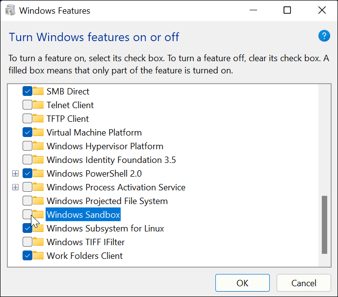 Počistite polje Windows Sandbox