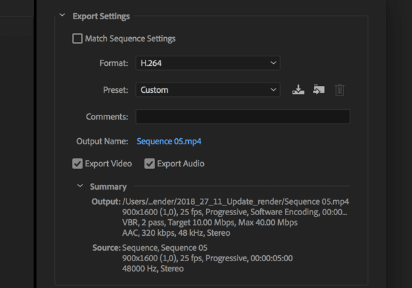Nastavitev izvoza videoposnetka Adobe Premier Pro z nastavitvijo Format na H.264.