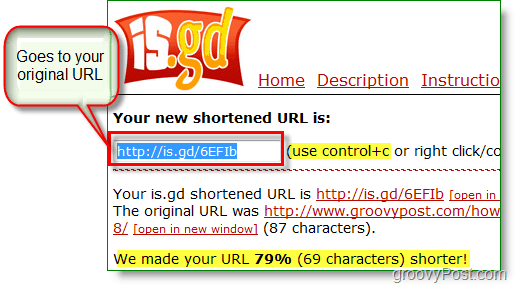 posnetek zaslona kraječega URL-ja is.gd - kopirajte nov kratek URL