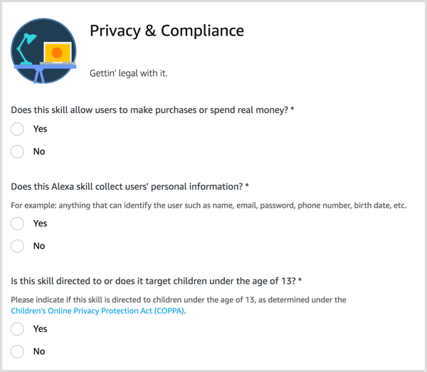 Za svoje znanje Alexa odgovorite na vprašanja o zasebnosti in skladnosti.