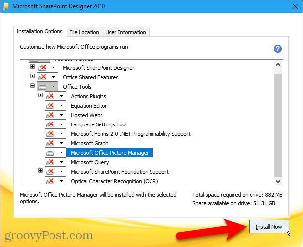 Kliknite Namestite zdaj, da namestite program Microsoft Office Picture Manager iz Sharepoint Designer 2010