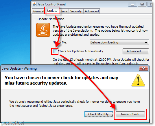 Posnetek zaslona: Windows 7 onemogoči preverjanje posodobitev Java
