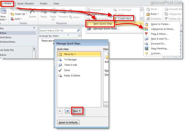 ustvarite nov hiter korak v programu Outlook 2010