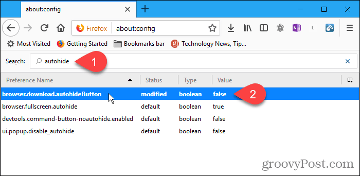 Dvokliknite nastavitev konfiguracije samodejnega skrivanja v Firefoxu