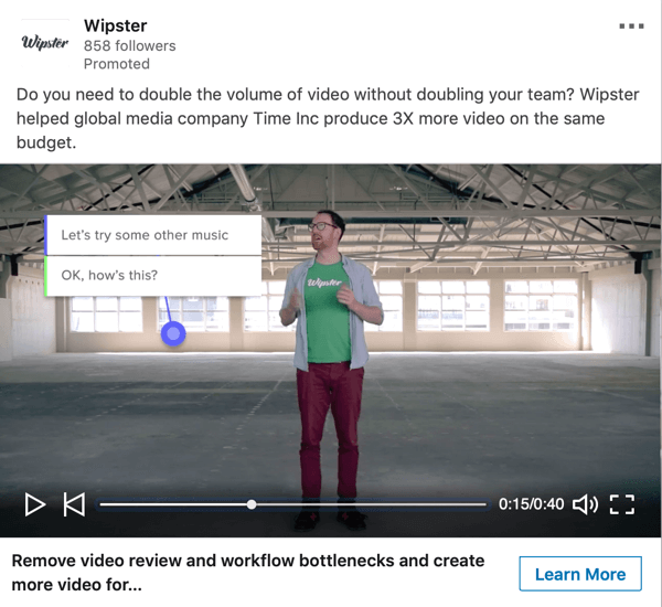 Kako ustvariti ciljno usmerjene oglase LinkedIn, ki jih sponzorira vzorec video oglasov Wipster