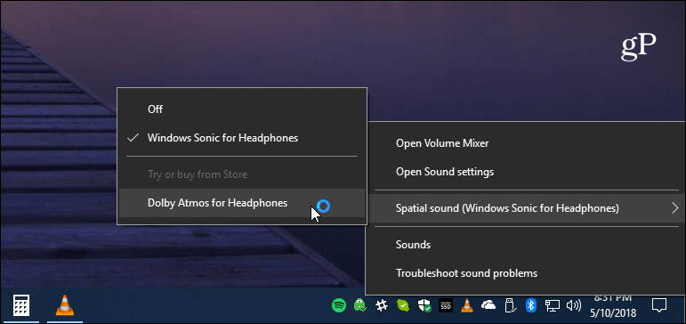 Nastavitev zvoka opravilna vrstica Windows 10