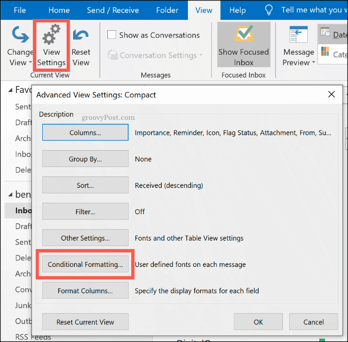 Gumb Možnosti pogojnega oblikovanja v programu Microsoft Outlook