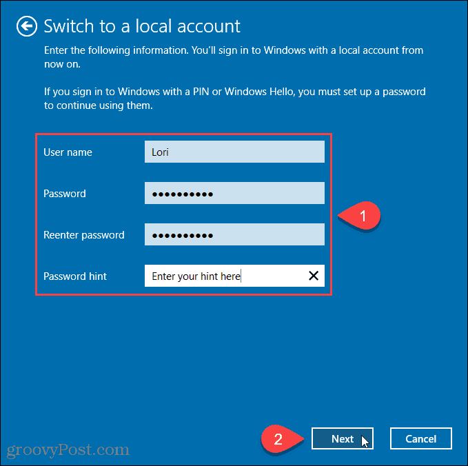 Vnesite uporabniško ime in geslo za nov lokalni račun