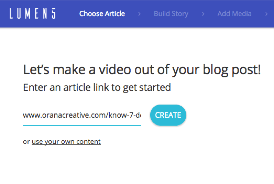 Dodajte URL objave v spletnem dnevniku, iz katerega želite ustvariti videoposnetek Lumen5.