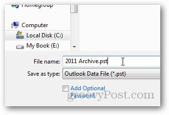 kako ustvariti pst datoteko za Outlook 2013 - ime pst