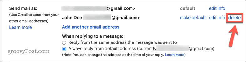 gmail izbriši vzdevek