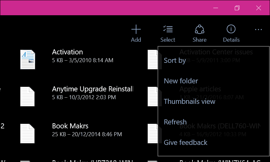 Okna aplikacije OneDrive 10 5