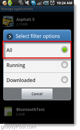 filtrirajte upravljanje vseh aplikacij za Android
