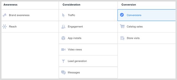 v facebook upravitelju oglasov tabelo oglasnih ciljev, ki jo vidite, z zavedanjem, upoštevanjem in pretvorbo naslovov stolpcev. možnosti oglasov za angažiranje so v stolpcu za obravnavo.