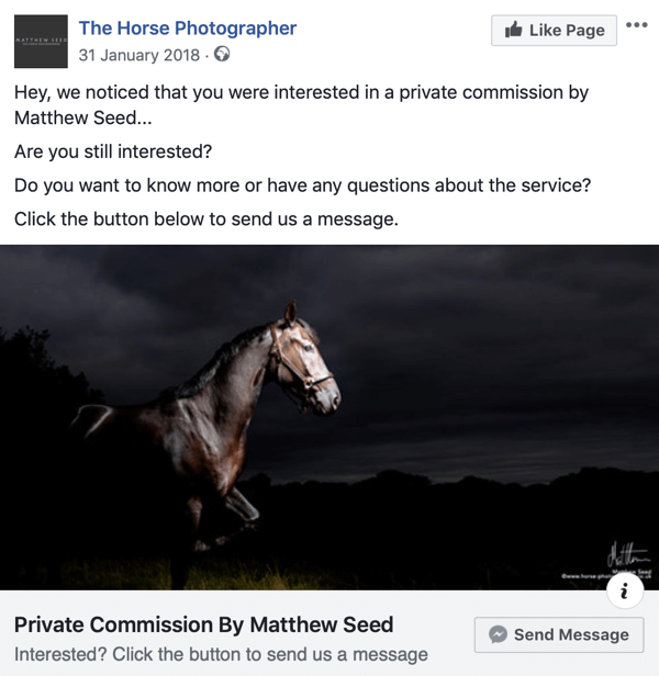 Kako pretvoriti obiskovalce spletnega mesta z oglasi Facebook Messenger, korak 3, primer objave The Horse Photographer