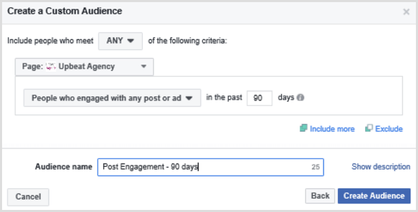 Izberite možnosti za nastavitev občinstva po meri na Facebooku glede na ljudi, ki so v zadnjih 90 dneh sodelovali s katero koli objavo ali oglasom