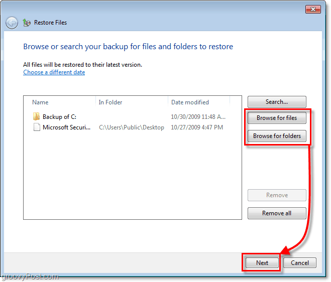 Varnostno kopiranje sistema Windows 7 - izberite datoteke in mape, ki jih želite obnoviti