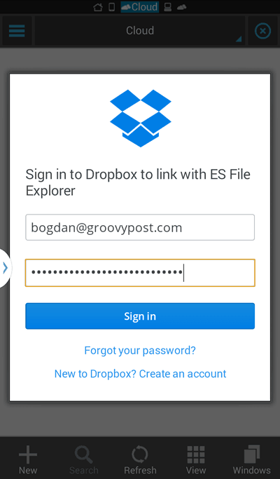 Dropbox za prijavo v datoteko ES Explorer