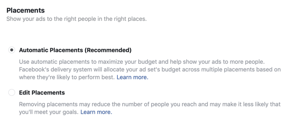 Možnosti umestitve za vodilno oglaševalsko akcijo na Facebooku.