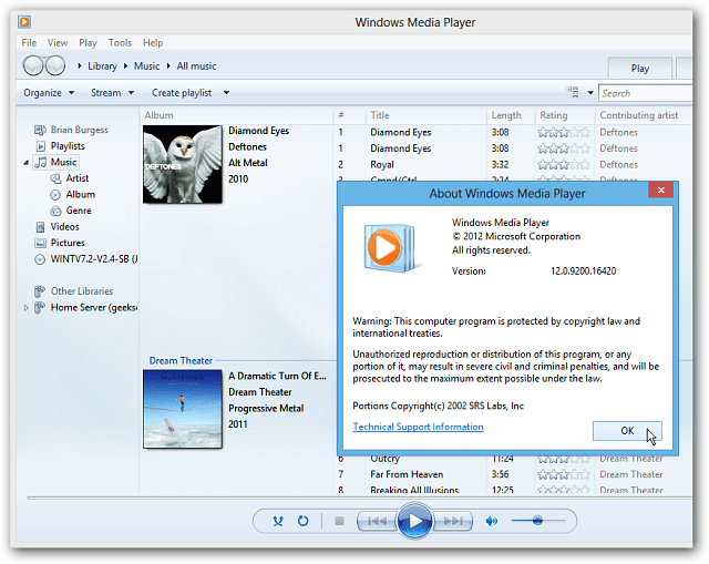 Windows Media Player na namizju Windows 8