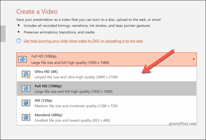 Določanje kakovosti izvoženih videoposnetkov v programu PowerPoint