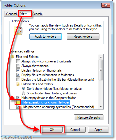 v pogovornem oknu z možnostmi mape Windows 7 kliknite jeziček za pogled in nato počistite potrditvene razširitve za znane vrste datotek