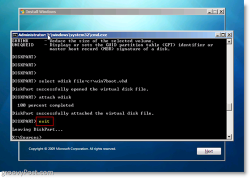 Windows 7 Native VHD Namestitev dvojnega zagonskega izhoda CMD poziv