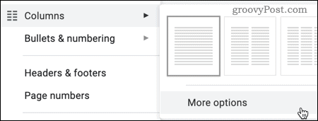Možnost Več možnosti za stolpce v Google Dokumentih