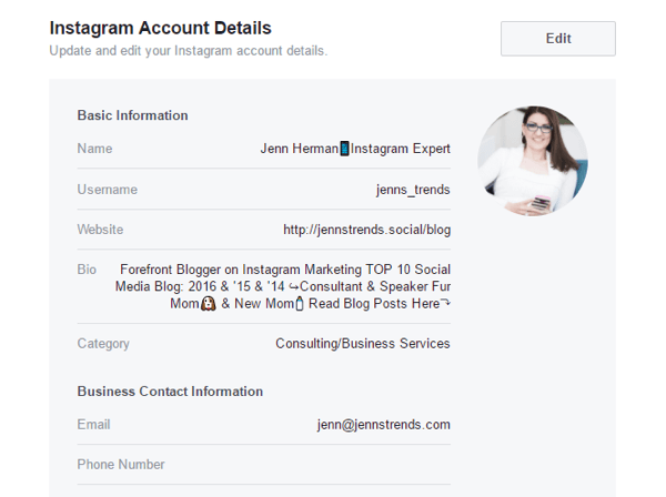 Nekatere podrobnosti o računu Instagram lahko uredite v nastavitvah svoje strani na Facebooku.