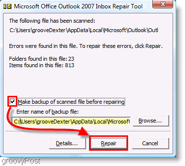 Posnetek zaslona - Meni za popravilo programa Outlook 2007 ScanPST
