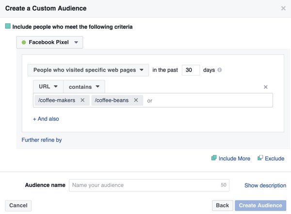 Če želite ustvariti svojo ciljno skupino na Facebooku, izberite Ljudje, ki obiščejo določene spletne strani in vnesite URL-je ciljne strani.