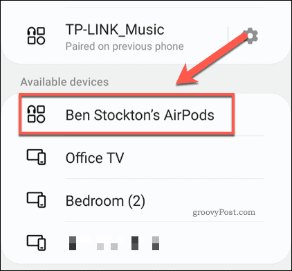 AirPods v meniju za optično branje Bluetooth Android