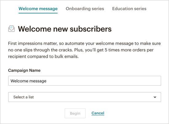 Izberite vrsto samodejnega e-poštnega sporočila za dobrodošlico, ki ga želite poslati prek bota Messenger. 