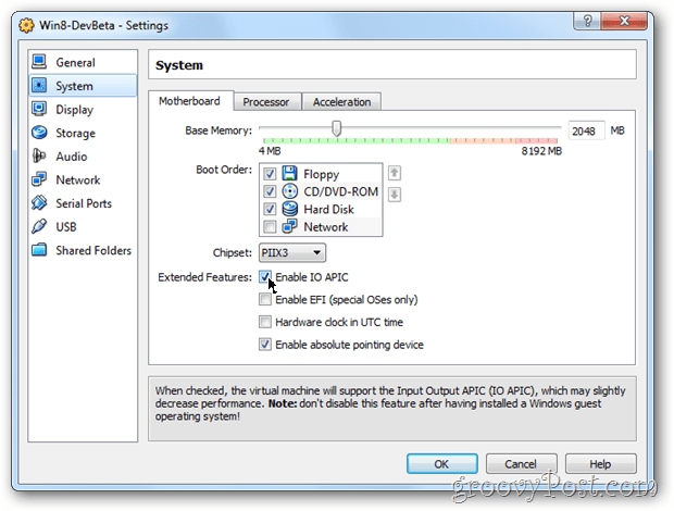 Nastavitev konfiguracije matične plošče sistema VirtualBox omogoča dostop do apic Windows 8