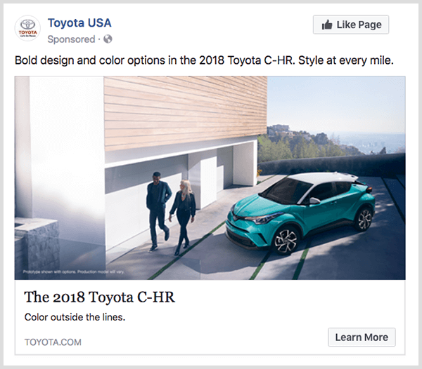 Toyotin oglas za sodelovanje na Facebooku ima turkizno Toyoto C-HR in ima gumb Več o tem.